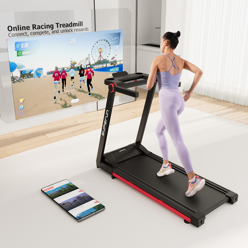 SupeRun® AS02 Inclined Foldable Smart 10 MPH Online Racing Treadmill Red