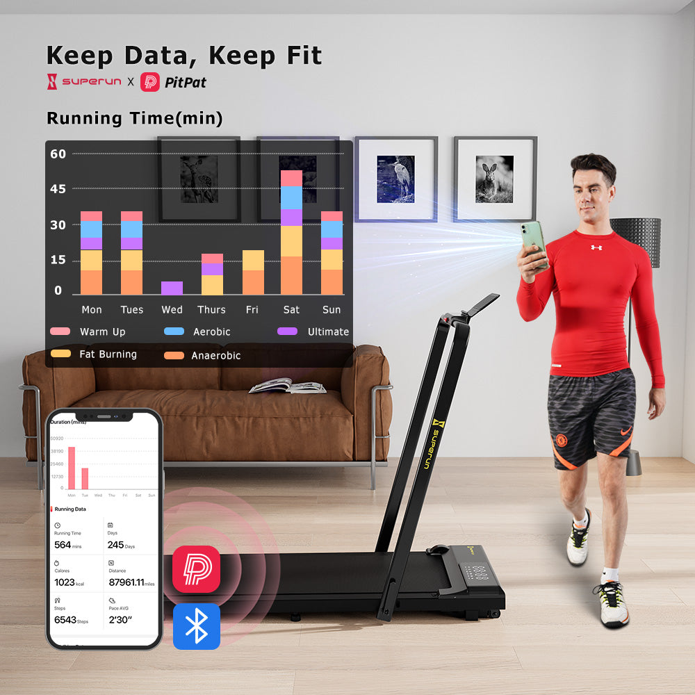 SupeRun® CT04 Foldable 2 in 1 Smart Walking Pad Treadmill with Handrail - Black