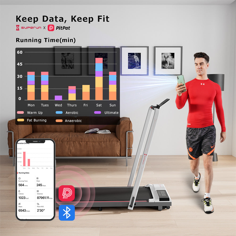 SupeRun® CT04 Foldable 2 in 1 Smart Walking Pad Treadmill with Handrail - Red