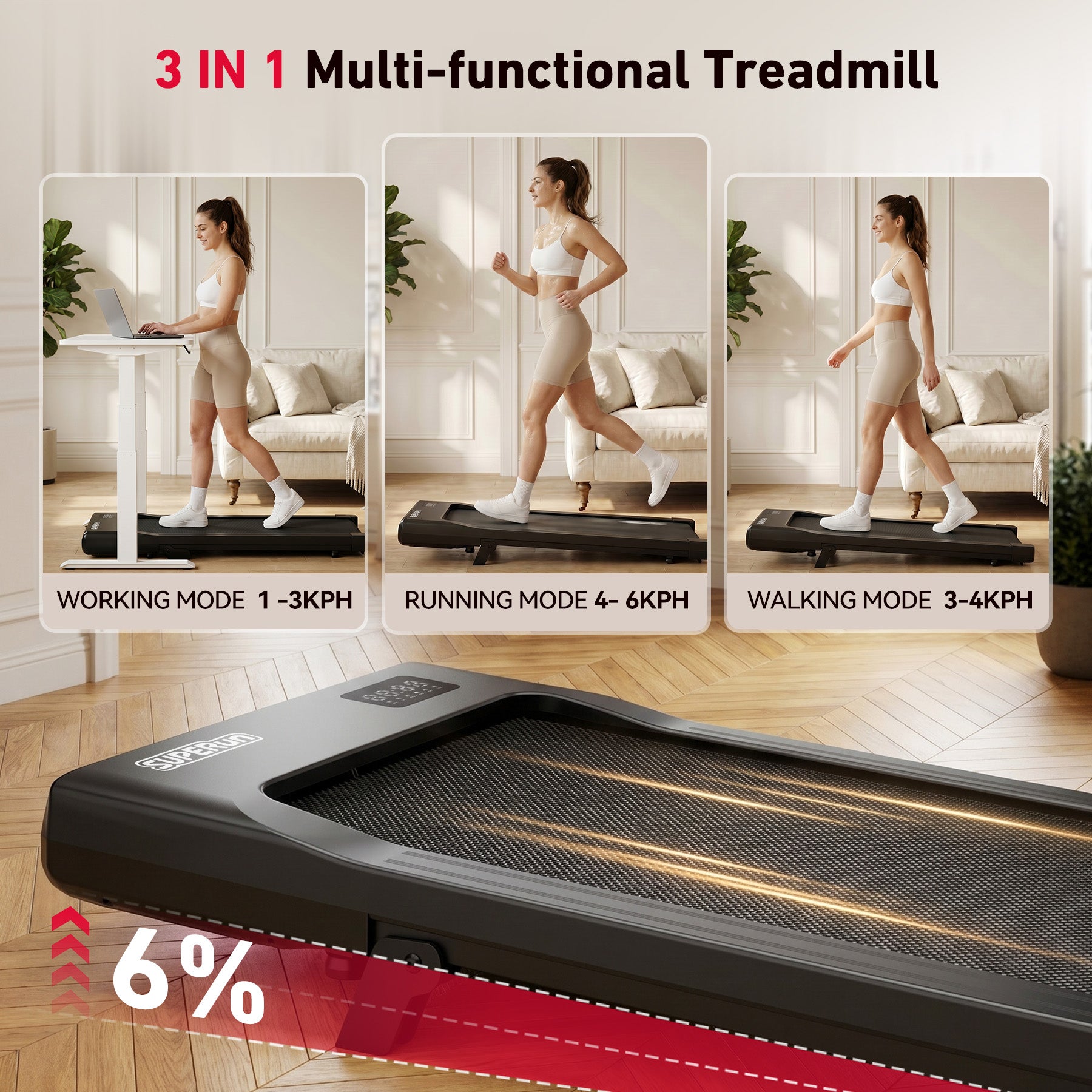 Superun Under Desk Walking Pad Treadmill – Compact Incline Home Office Fitness Walking Machine – BA09