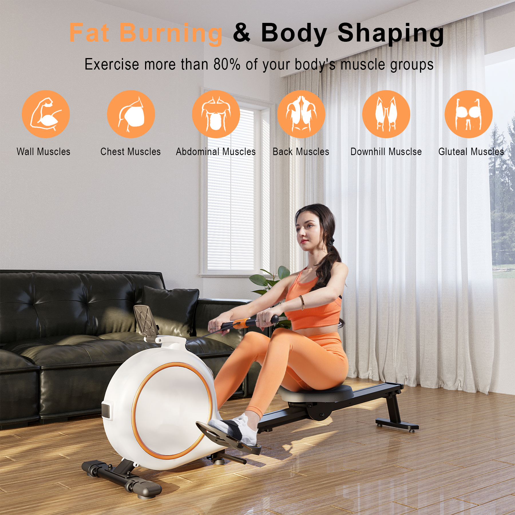 RW600 Adjustable Magnetic Resistance Long Slide Rail Smart Rowing Machine with PitPat