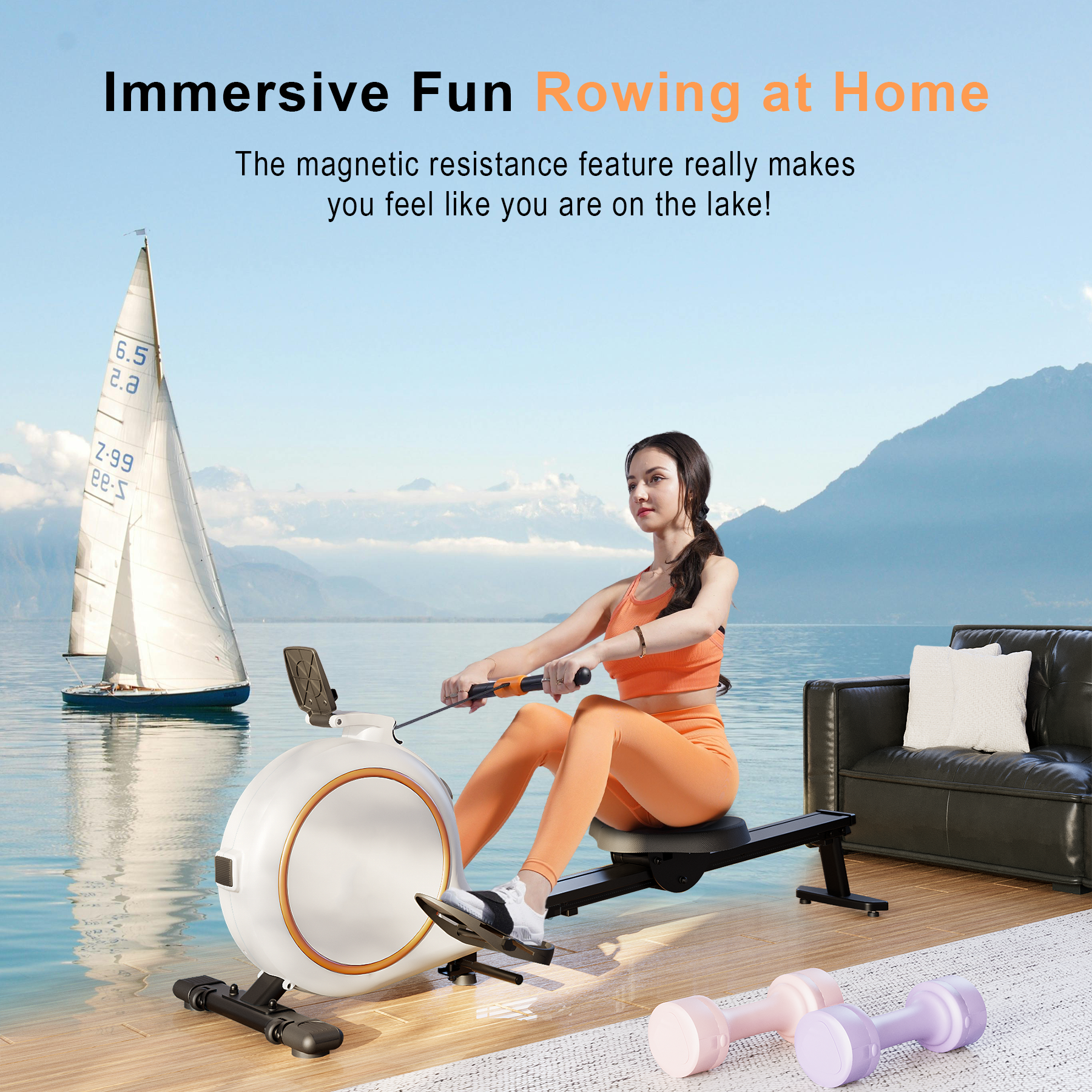 RW600 Adjustable Magnetic Resistance Long Slide Rail Smart Rowing Machine with PitPat