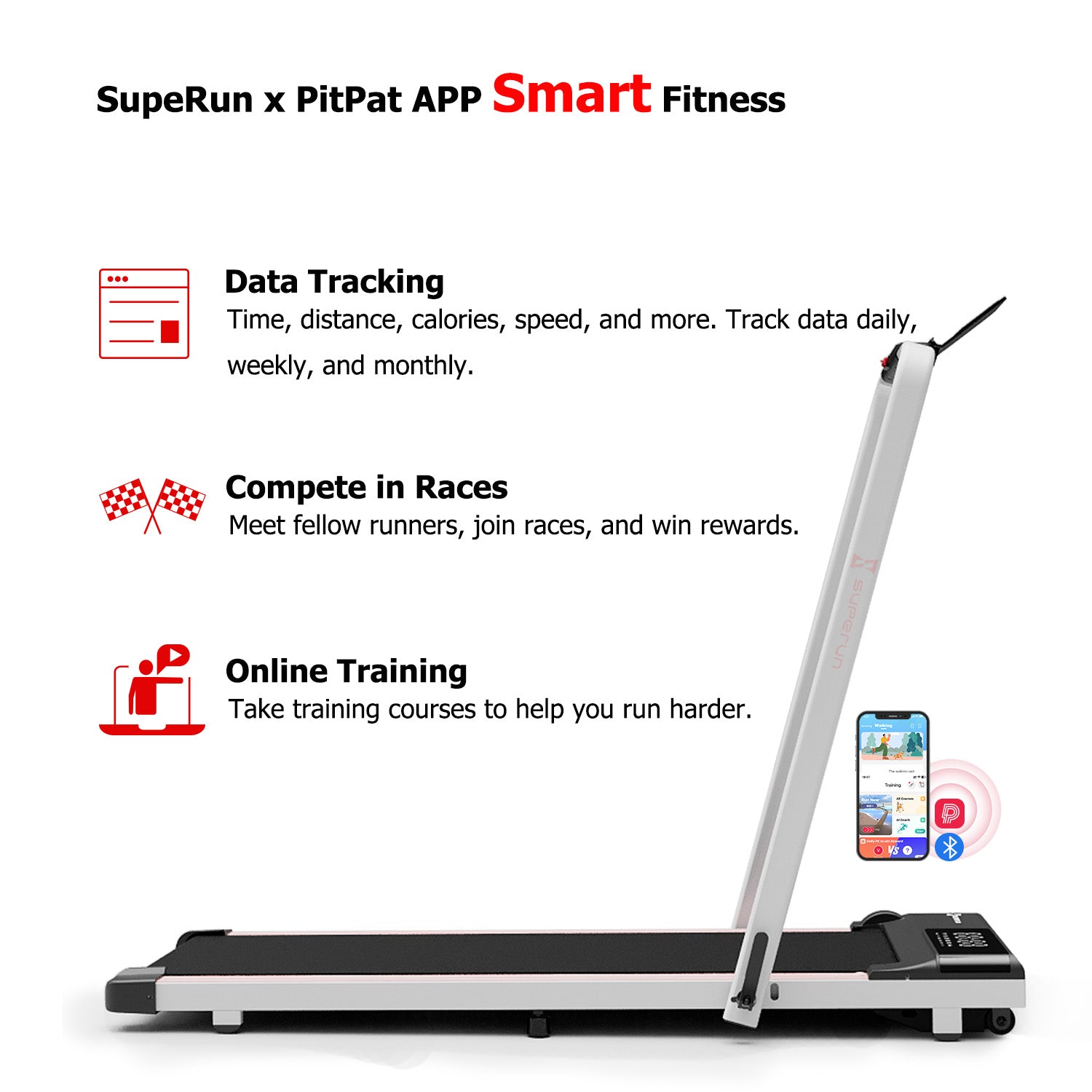 SupeRun® CT04 Foldable 2 in 1 Smart Walking Pad Treadmill with Handrail - Pink