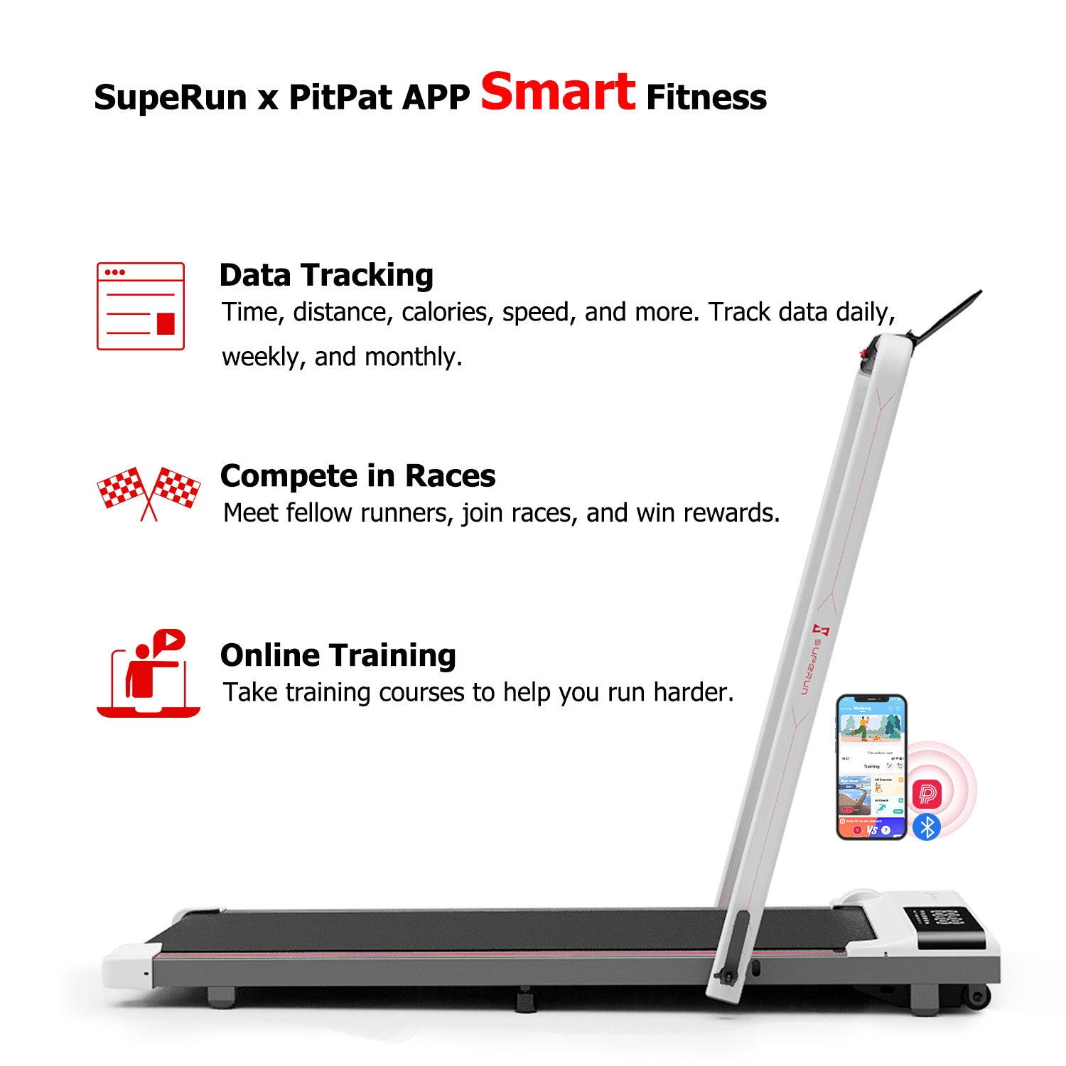 SupeRun® CT04 Foldable 2 in 1 Smart Walking Pad Treadmill with Handrail - Red