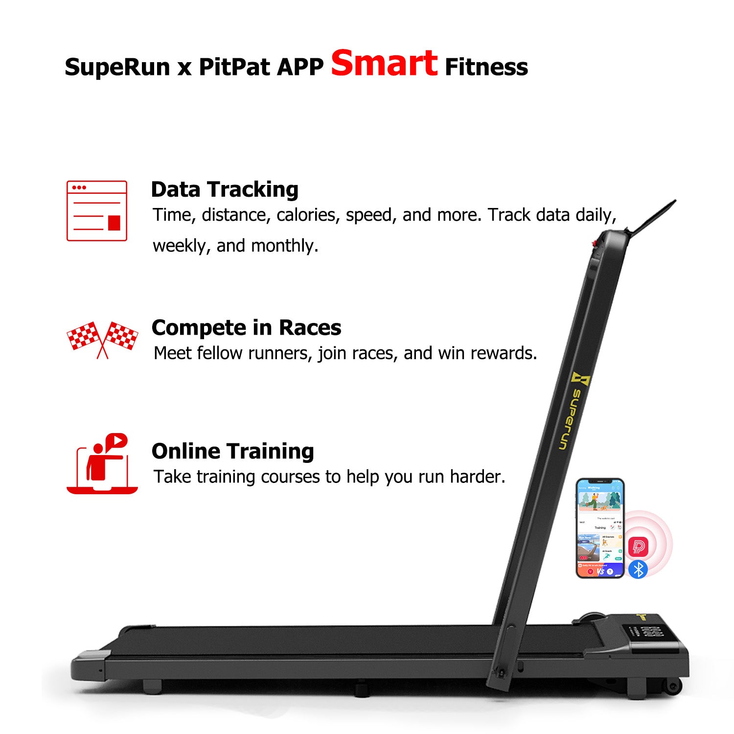 SupeRun® CT04 Foldable 2 in 1 Smart Walking Pad Treadmill with Handrail - Black