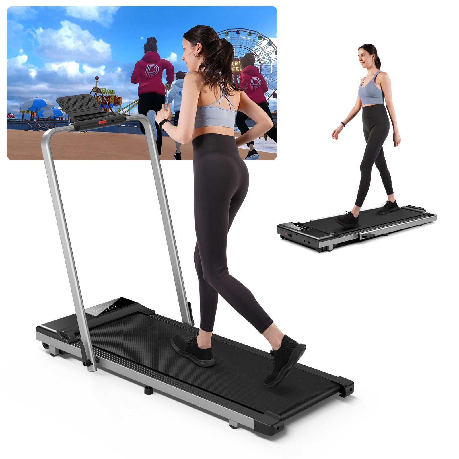 Walking Pad Treadmill with Handle Bar 300 LBS Capacity Foldable Treadmills for Small Space 3-in-1, 3.0HP Portable Under Desk Treadmill for Home Office with LED Display Remote APP Control