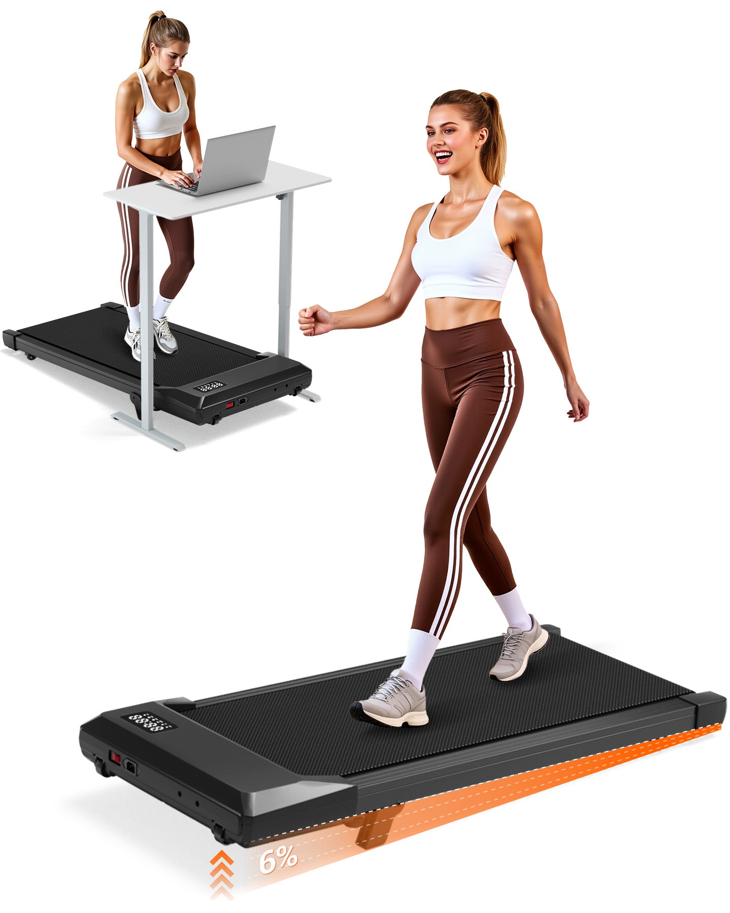 MJWW Walking Pad with 6% Incline, Under Desk Treadmill, 3 in 1 Portable Treadmill with Remote Control LED Display, 2.5 HP Quiet Walking Jogging Machine for Office Home Use, 300 Lbs Capacity（BA10-B）