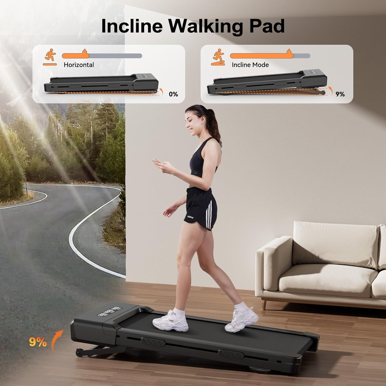 SupeRun Walking Pad with 9% Auto Incline, Under Desk Treadmills for Home and Office Small Space, 2.5 HP Portable Mini Jogging Machine with APP and Remote Control and LED Display, 300 Lbs Capacity