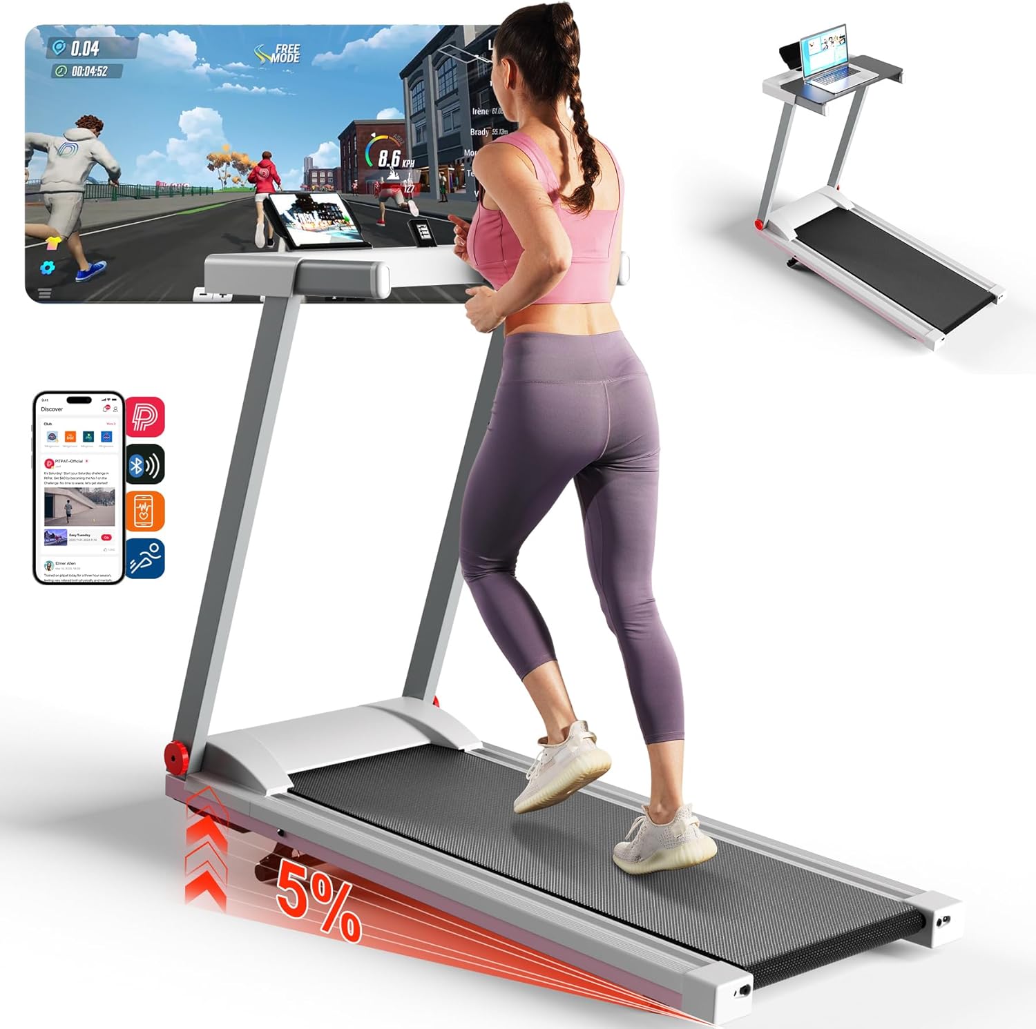 4-in-1 Treadmills for Home with Incline and Handles, Foldable Treadmill for Home Small Spaces, 300 LBS Capacity 3.0 HP 7.5 MPH Folding Running Treadmill with Smart App
