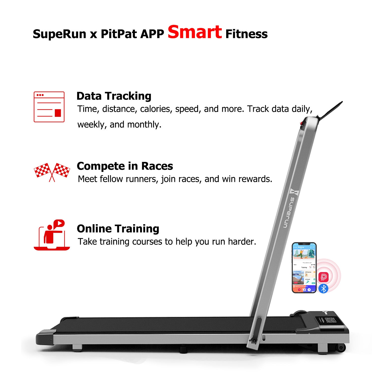 SupeRun® CT04 Foldable 2 in 1 Smart Walking Pad Treadmill with Handrail - Silver